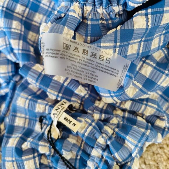 Ganni Murillo Seersucker Crop Top – Blue Plaid Gingham Swimwear, Size M - Picture 8 of 9